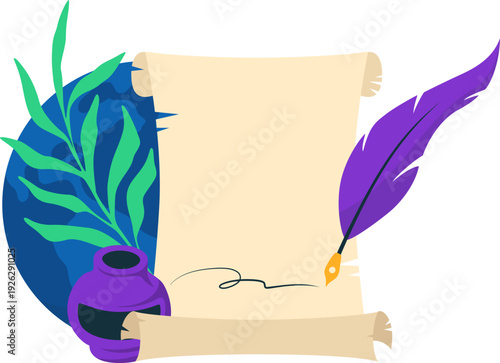 Scroll, Quill, and Ink Illustration