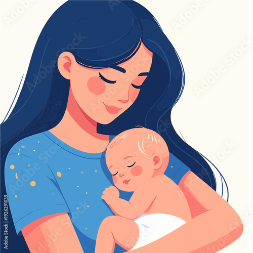 A loving mother with long dark hair gently cradles her sleeping newborn baby in a peaceful embrace, illustrating maternal bond.