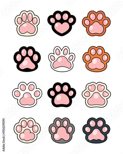 cute colorful animal paw print icon set