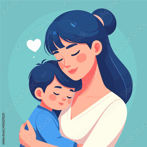 A loving mother with dark hair gently hugs her young son, both with closed eyes, showing affection and peace.