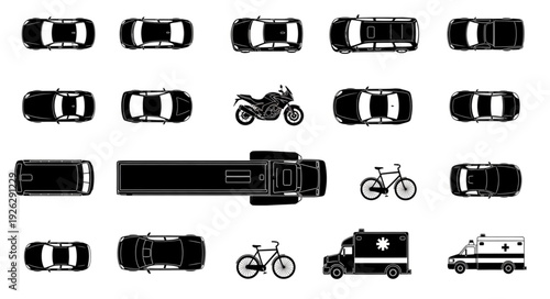 Overhead view of various vehicles including cars, a motorcycle, and bicycles in a silhouette style.