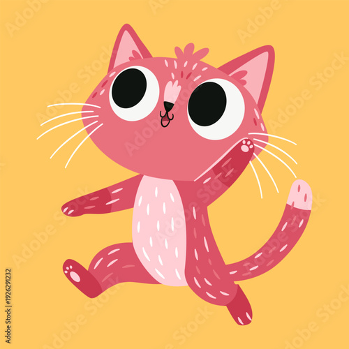 A cute pink cat with big eyes runs and waves its paw. Flat vector illustration in a simple children's style. . Vector illustration