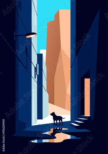 Stylized Vector Illustration of a Contemplative Black Dog in Vibrant Alleyway Between Blue and Orange Buildings