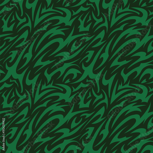 Seamless green camouflage pattern with sharp tribal tattoo shapes. Perfect for military apparel, bandanas, gift wrap, packaging, notebook covers, and modern wallpaper designs.