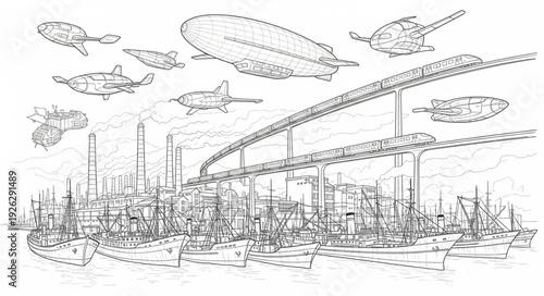 Airships and futuristic city, a vision of advanced technology and transport.