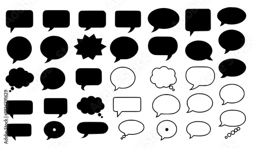 A collection of various speech bubbles and thought clouds in black and white