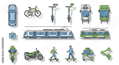 Diverse transportation methods illustration, showcasing various vehicles and modes of travel.