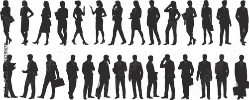 Large collection of black silhouettes featuring professional business men and women standing talking and walking isolated on white background for corporate and office use