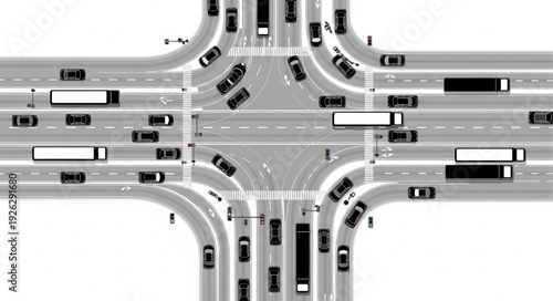 Overhead view of a busy intersection with various vehicles and road markings.
