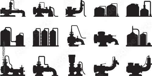 Industrial Pump and Silhouette Factory Icons Set Black Color