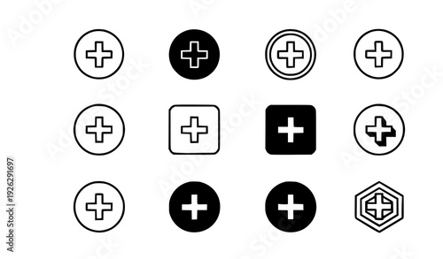 A set of minimalist plus sign icons in various shapes and colors