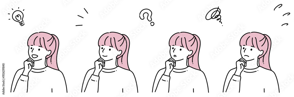 Obraz premium シンプル線画 顎に手をあてているいろいろな表情の若い女性 セット