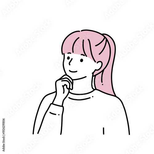 シンプル線画　顎に手をあてているポニーテールの女性　笑顔