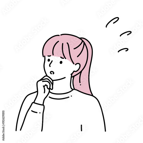 フラットイラスト　顎に手をあてているポニーテールの女性　焦り・困惑