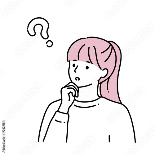 クエスチョンマークと若い女性　線画イラスト