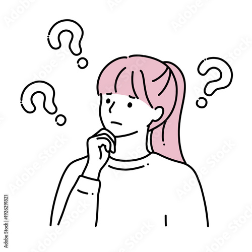 複数のクエスチョンマークと若い女性　線画イラスト