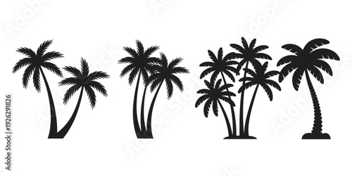 Group of Black Palm Tree Silhouettes on White Background tropical nature