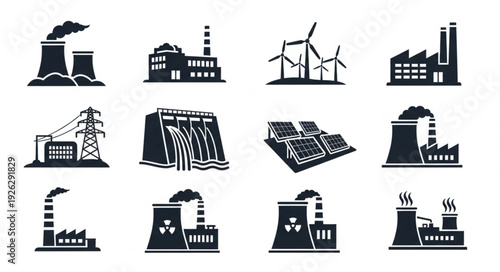 Collection of various power plants and energy production facilities in silhouette style.