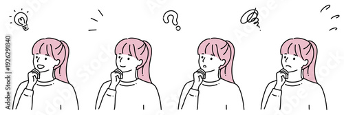 シンプル線画　顎に手をあてているいろいろな表情の若い女性　セット