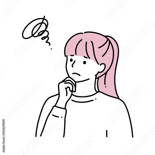 シンプル線画　顎に手をあてて困っている若い女性