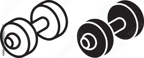 Dumbbell icons in outline and solid style, fitness workout symbols