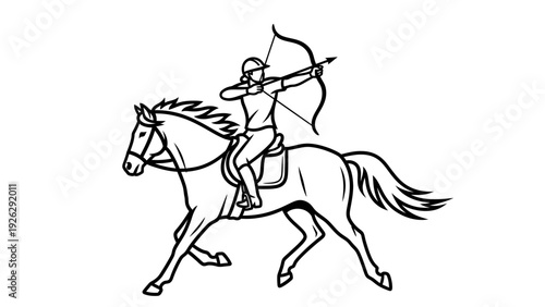 A black and white line drawing of a person riding a horse and aiming a bow and arrow to the left against a plain background.