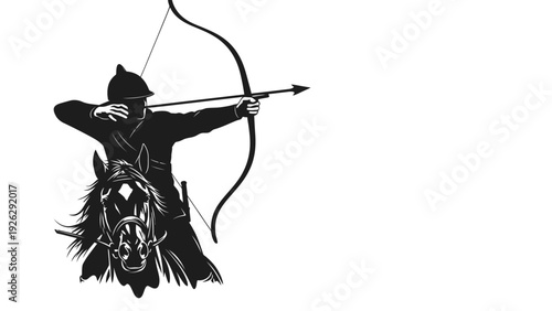 A black silhouette of a hooded archer riding a horse while aiming a bow and arrow against a clean white background.