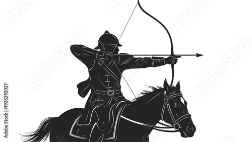 Black silhouette of a medieval archer riding a horse and aiming a bow and arrow on a white background with bold lines.