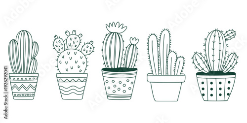 Hand-drawn outline illustrations of five potted cacti in various decorative pots cactus succulent