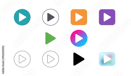 A set of colorful play button icons in various shapes and designs