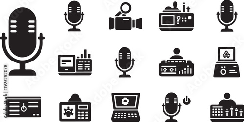 Broadcasting and recording equipment icons in black and white