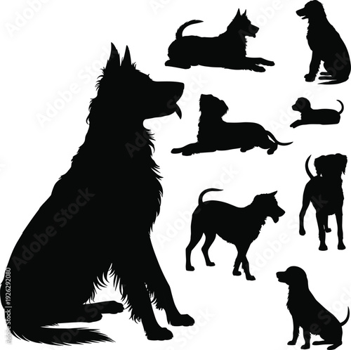 Large collection of black silhouettes featuring various dog breeds in sitting lying and standing positions isolated on white background for pet care and veterinary