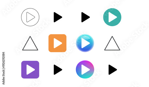 A set of colorful play button icons and black triangle symbols for media navigation