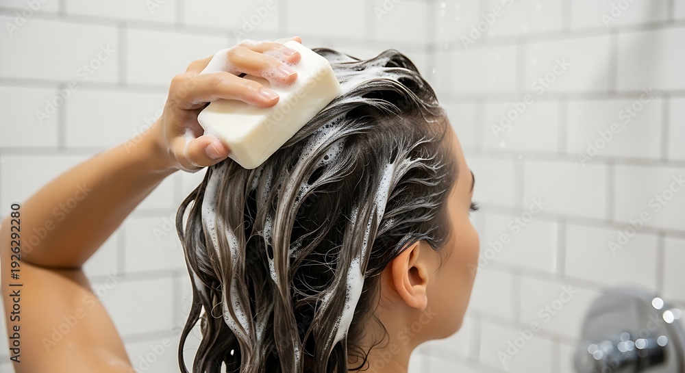 Naklejka premium Woman hand washing hair with hair shampoo bar in shower. Eco friendly product for haircare routine. Sustainable lifestyle concept.