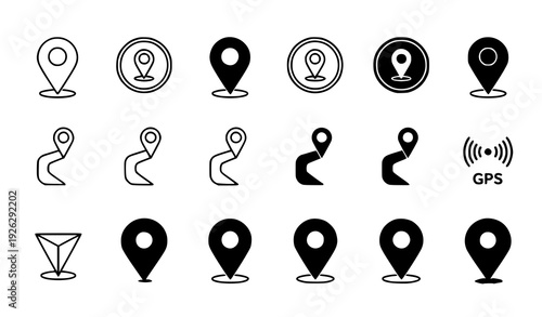 A set of black and white vector GPS location icons and symbols
