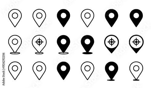 A set of black and white map pin icons for navigation and location