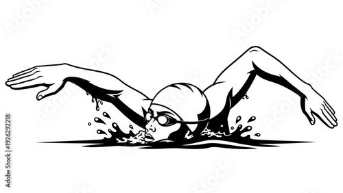 Black and white illustration of a swimmer wearing a cap and goggles, swimming with arms outstretched in a dynamic motion, against a clean white background.