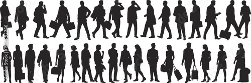 Large collection of black silhouettes featuring business men and women walking talking on phones and carrying suitcases isolated on white background for corporate travel use