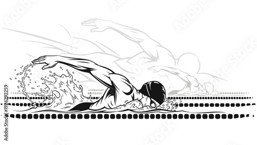 Black and white illustration of a swimmer in a swimming pool with a dotted lane line, viewed from the side, conveying a sense of motion.