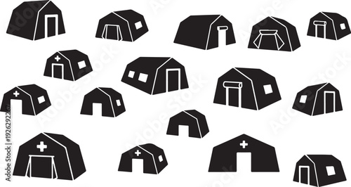Various black tent icons on a white background illustration