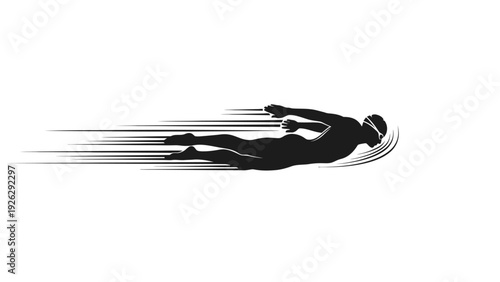 A black silhouette of a scuba diver swimming quickly to the right with motion lines on a white background.