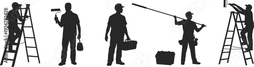 Large collection of black silhouettes featuring male house painters using ladders paint rollers and carrying toolboxes isolated on white background for home renovation service