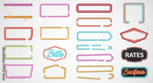 Collection of colorful label and banner shapes for design including rates and specials signs