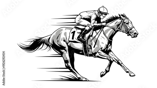 A jockey riding a horse in a dynamic, motion-blurred gallop against a clean white background in a monochromatic, illustrative style.