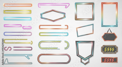 Collection of colorful gradient frames borders and decorative elements for design projects isolated on white background with various shapes