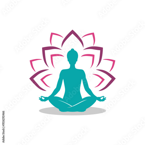 calm teal yoga silhouette sitting in lotus position with blooming flower vector illustration