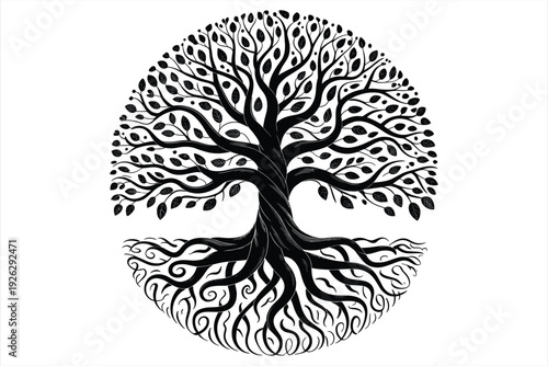 Intricate black tree of life with detailed roots and branches on white Keywords: tree of life, roots, branches, leaves, black and