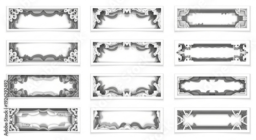 Set of vintage ornate rectangular frames with floral patterns and elegant borders for decoration and design