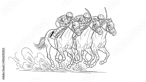 Line drawing of jockeys riding horses at full gallop with motion blur in the background.