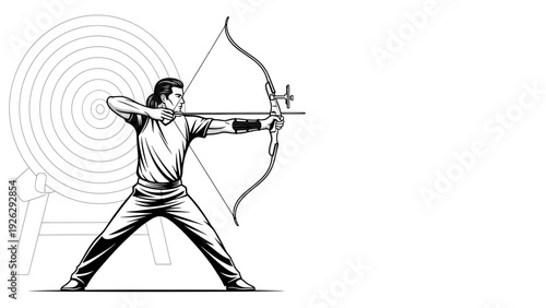 A man in a dynamic stance aims a bow and arrow at a target with concentric circles in the background.